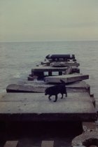 Looking down damaged long concrete pier